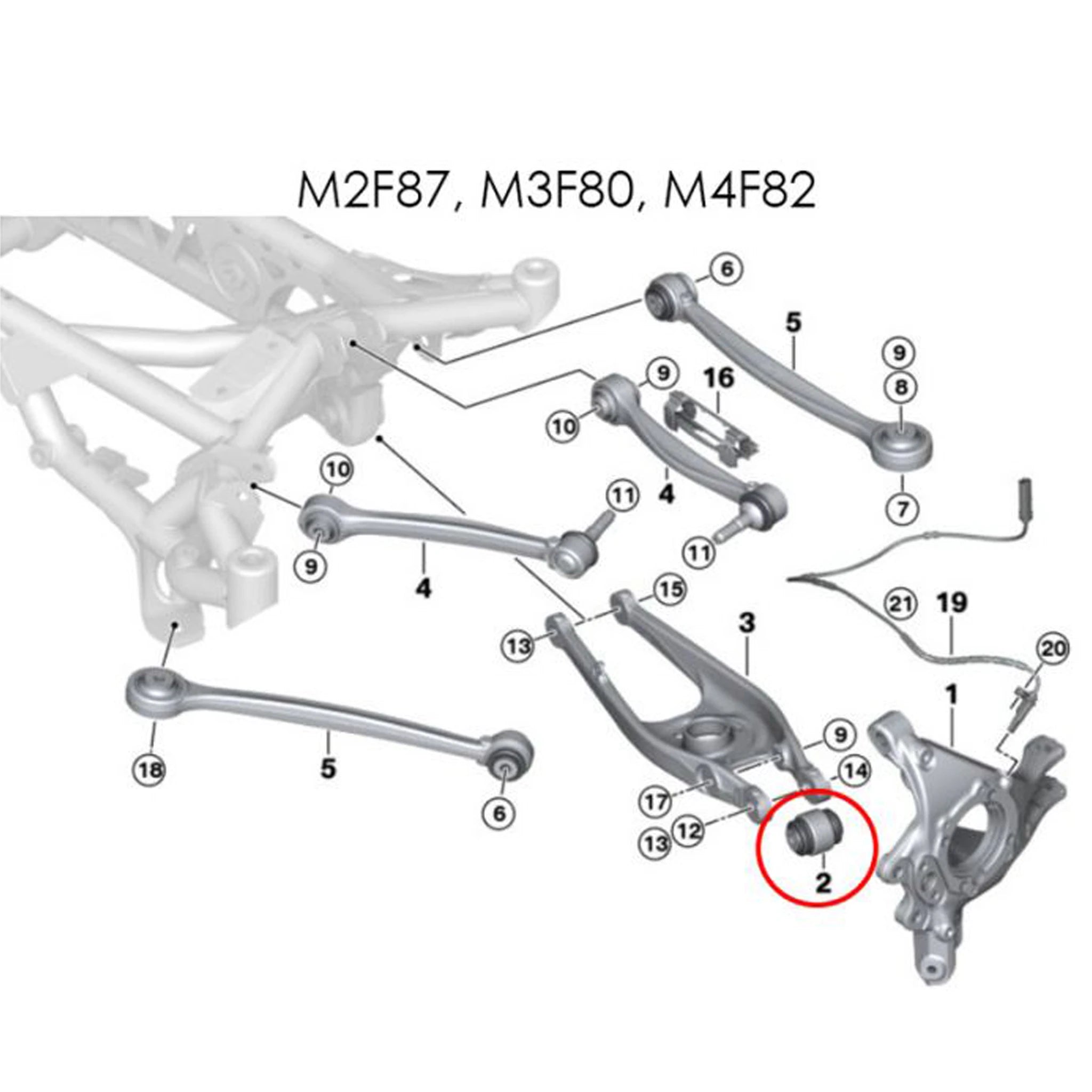 Diagram of installation location of Millway Motorsport Eccentric Rear Control Arm Bushing on BMW F8X & G8X M2/M3/M4