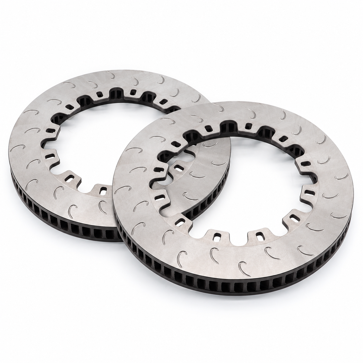Two J-Hook-pattern bare replacement brake rotors – representative image of a left/right pair