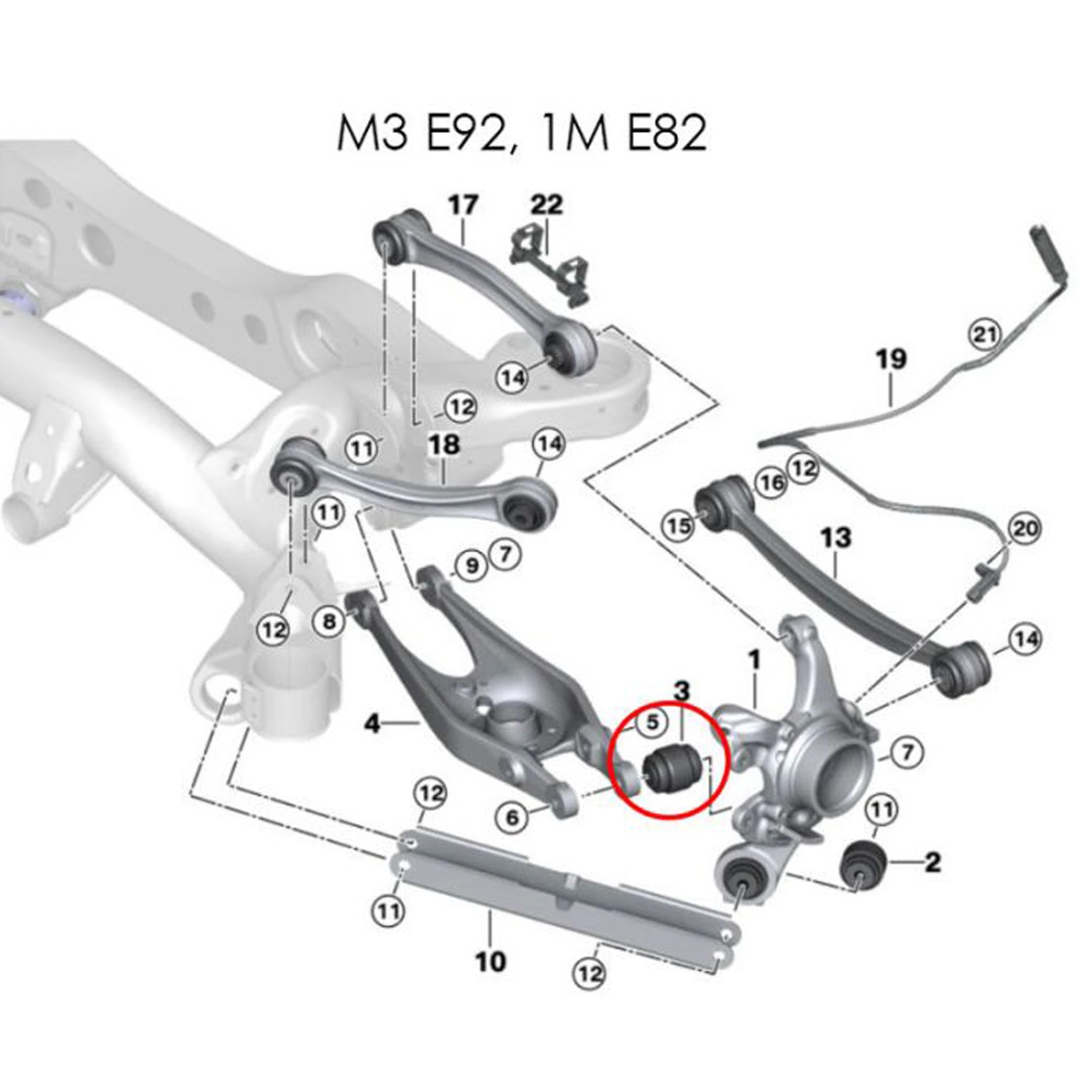 Diagram of installation location of Millway Motorsport Eccentric Rear Control Arm Bushing on BMW E9X M3/E82 1M