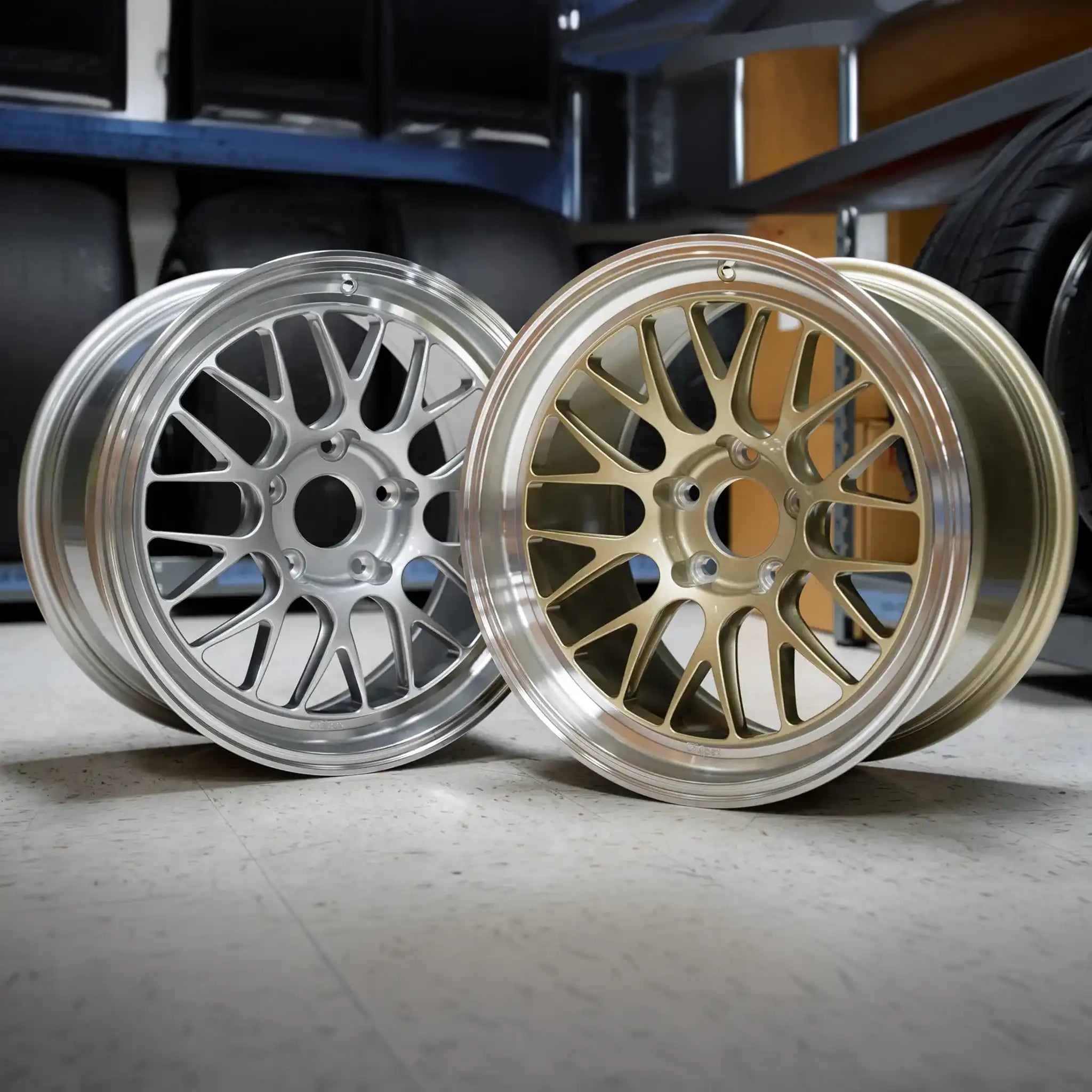 Photo of Apex ML-10RT Forged Touring Line wheels in gold and silver