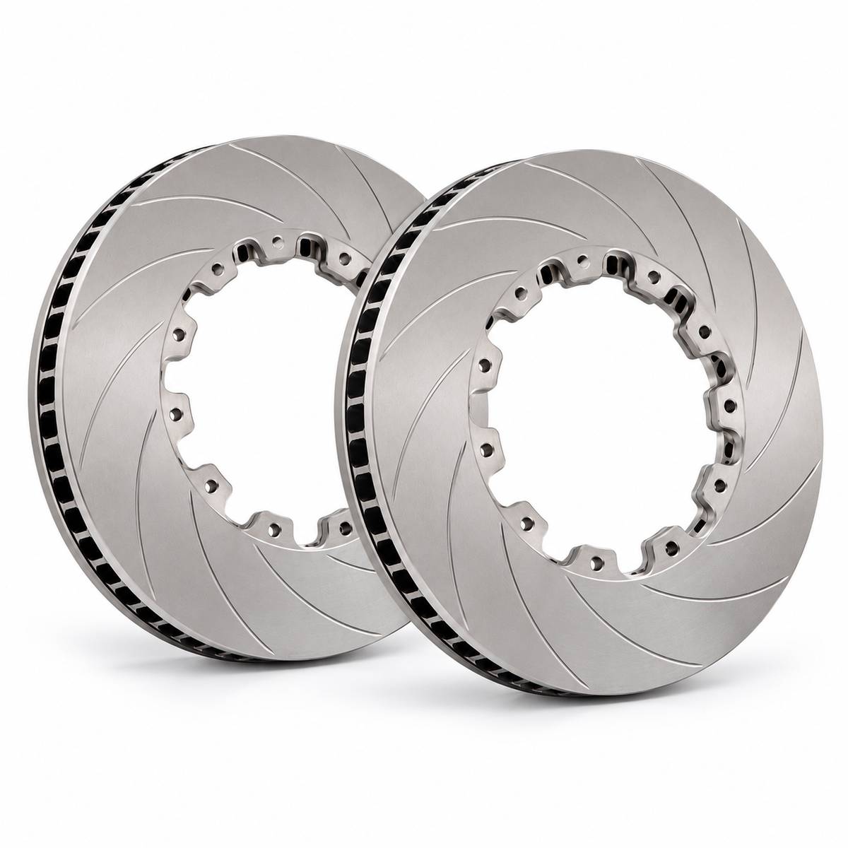 Two grooved bare replacement brake rotors – representative image of a left/right pair