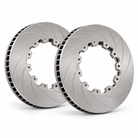 Two grooved bare replacement brake rotors – representative image of a left/right pair